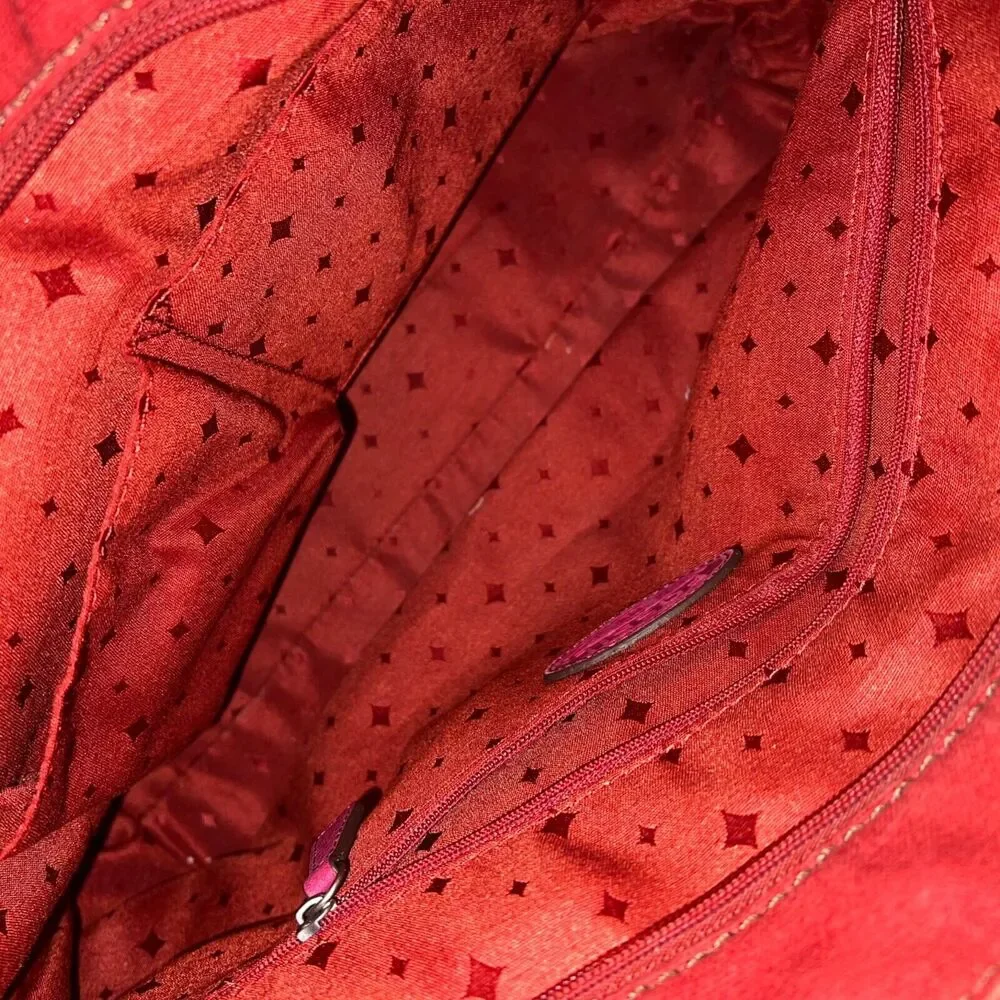 Fossil Hunter Leather Tote Bag Pink Red Zip Closure Key Charm Silver Hardware